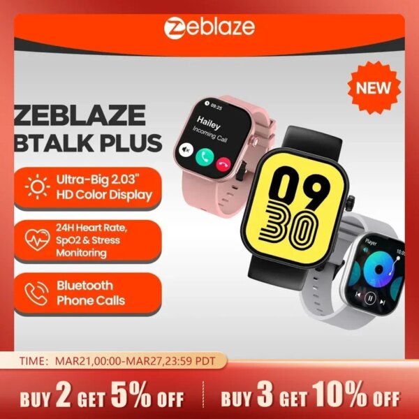 New Zeblaze Btalk Plus Voice Calling Smartwatch 2.03'' HD Color Display Health and Fitness Tracking Smart Watch for Men Women