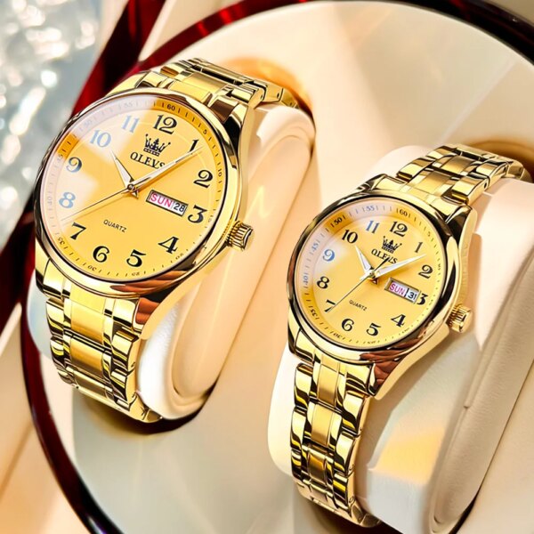 OLEVS 2024 New Luxury Stainless Steel Lover Watches Fashion Gold Quartz Watch for Men and Woman Couple Watch Lover's Wristwatch