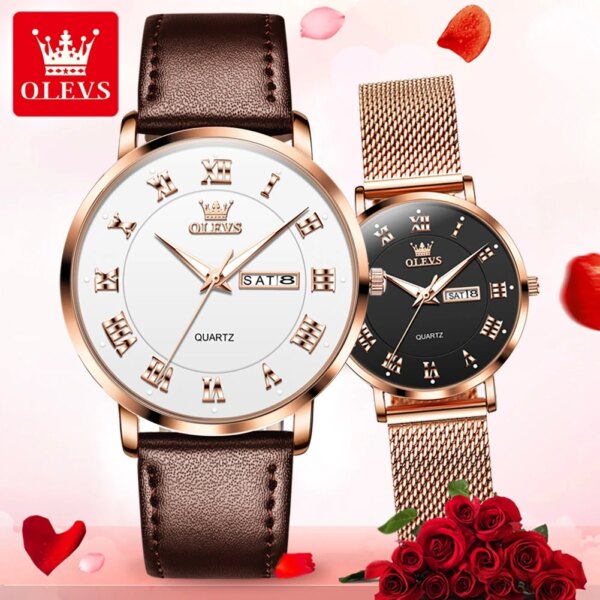 OLEVS 2920 Roman Scale Couple Watches Dual Calendar Original Quartz Watch For Men Women Waterproof Luxury Dress Hand Clock 2024