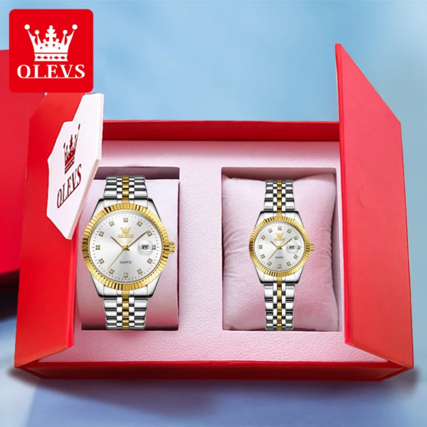 OLEVS 5526 Luxury Gold Diamond Couple Quartz Watch Waterproof and Luminous Stainless Steel Watch Brand His or Her Watch Set Gift