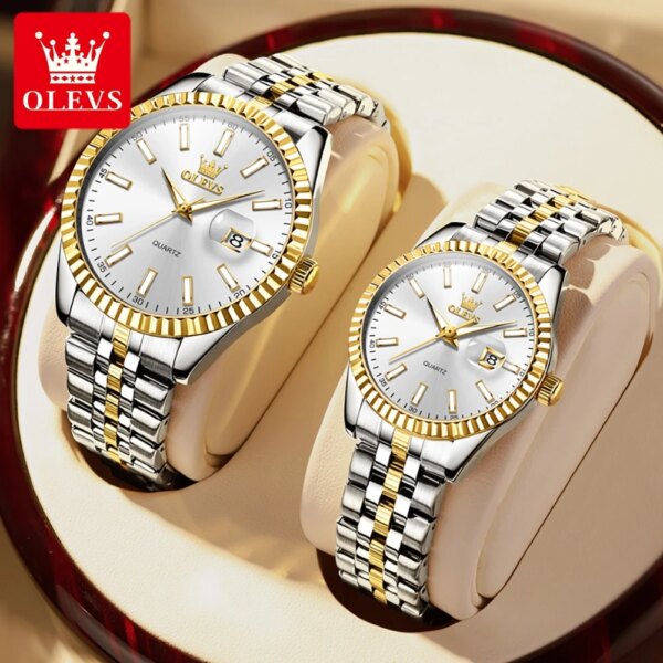 OLEVS 5593 Luxury Top Brand Quartz Couple Watch For Men Women Stainless Steel Waterproof Luminous Wristwatch Calendar Watch 2024