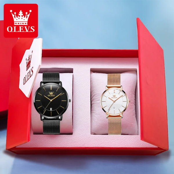 OLEVS 5869 Fashion Ultra thin Couple Quartz Watch Date Display Waterproof Mesh Strap Luxury Brand Lover Dating His or Her Watch