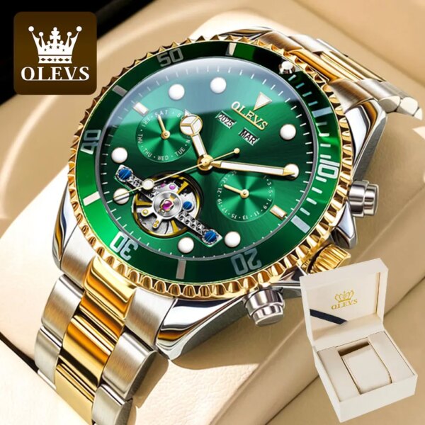 OLEVS 6605 Multifunctional Men's Watches Flywheel Hollow Stainless Steel Automatic Mechanical Watch for Man Luminous Waterproof