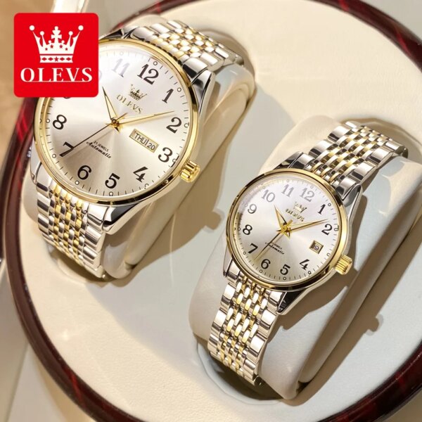 OLEVS 6666 Luxury Brand Automatic Mechanical Couple Watch Waterproof Stainless Steel Lover Anniversary Gift His or Her Watch Set