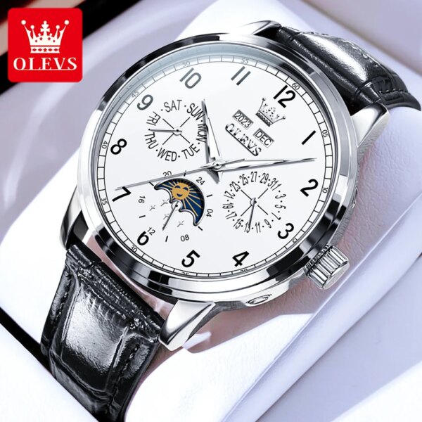 OLEVS 6698 Original Mechanical Watch for Men Leather Strap Multifunctional Digital Dial Waterproof Dress AutomaticWatch for Man