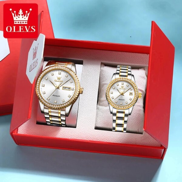 OLEVS 7003 Automatic Mechanical Couple Watch Men Women Luxury Top Diamond Lap Stainless Steel Waterproof Lover's Wristwatch Sets