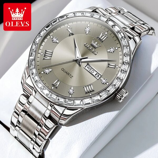 OLEVS 9906 Diamond Men's Watches High Quality Stainless steel Date Calendar Roman Dial Waterproof Wristwatch Hand Clock for Men