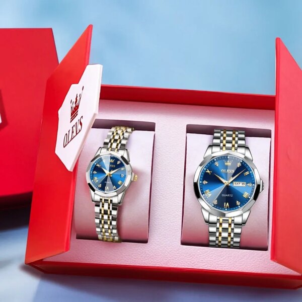 OLEVS 9931 Couple Watch Set Rhombus Design Solid Stainless Steel Men and Women Watch Quartz Watch for Couple Red Heart Gift Box