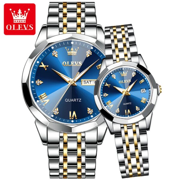 OLEVS 9931 Couple Watches Rhombus Mirror Luxury Original Quartz Men and Women Wristwatch Waterproof Luminous Date Week Him and H