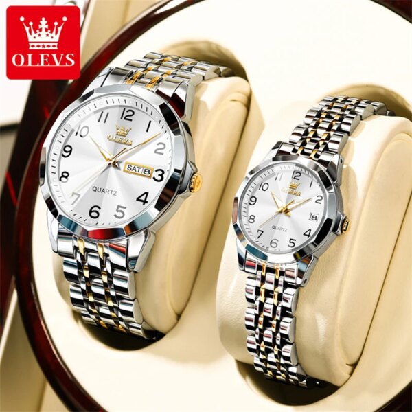 OLEVS 9970 2023 New Fashion Stainless Steel Band Lover's Watch Pair Men And Women Set Wristwatches Luxury Gifts Couple Watches