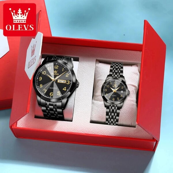 OLEVS 9970 Couple Watch Classic Digital Dial Stainless Steel Rhombus Mirror Luxury Top Quartz Watches for Men Women Lover's Gift