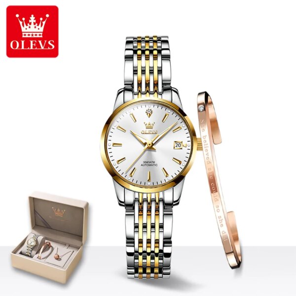 OLEVS Automatic Mechanical Watch Women Date Waterproof Luminous Stainless steel Luxury Elegant Bracelet Watch Ladies Set Gift