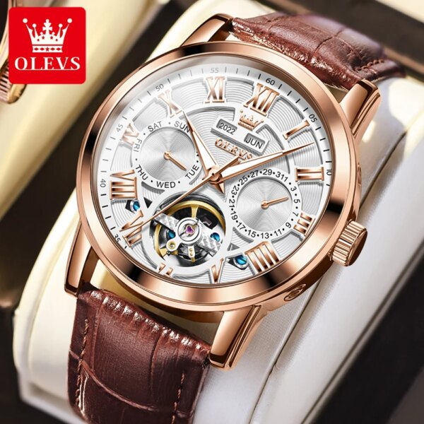 OLEVS Automatic Mechanical Watches for Men Leather Strap Waterproof Luminous Dual Calendar Dial Men's Wristwatches Reloj Hombre