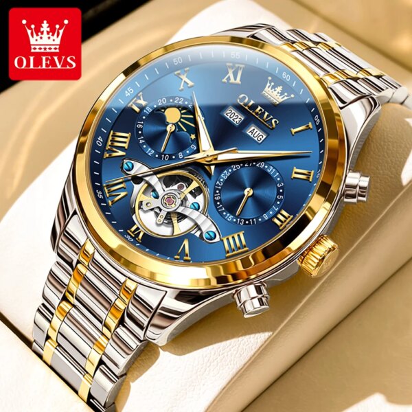 OLEVS  Automatic Watch for Men Skeleton Tourbillon Design Multifunctional Moon Phase Date Waterproof Stainless steel Men's Watch