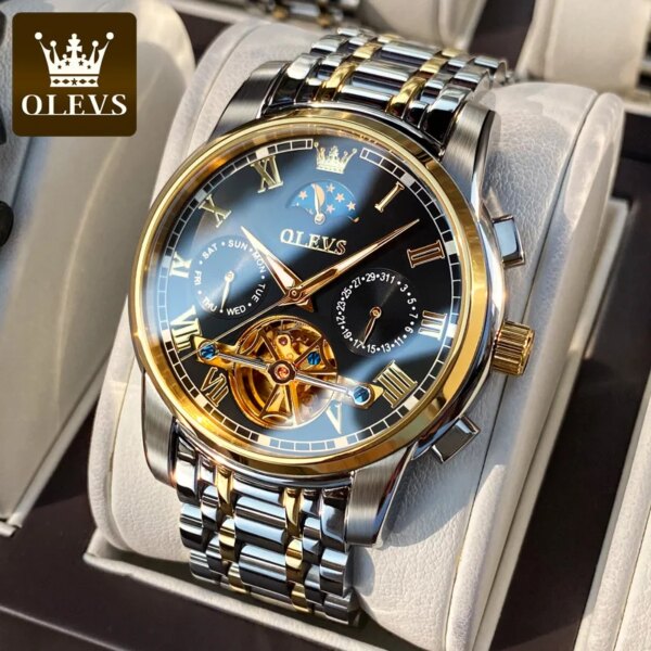 OLEVS Automatic Watch for Men Skeleton Tourbillon Mechanical Self Winding Luxury Waterproof Luminous Dress Wrist Watch Original