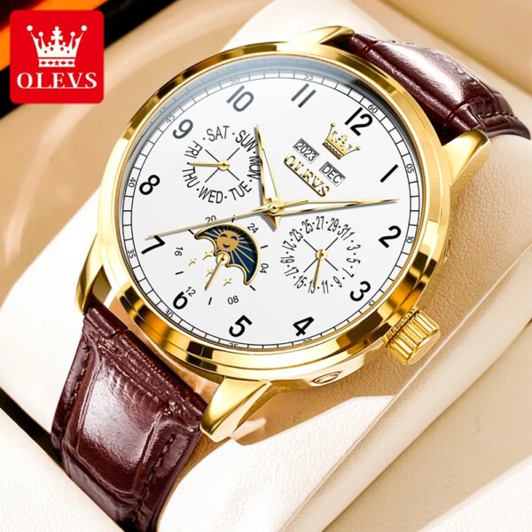 OLEVS Brand 2024 Fashion Moon Phase Mechanical Watch for Men Luxury Leather Waterproof Luminous Calendar Business Mens Watches