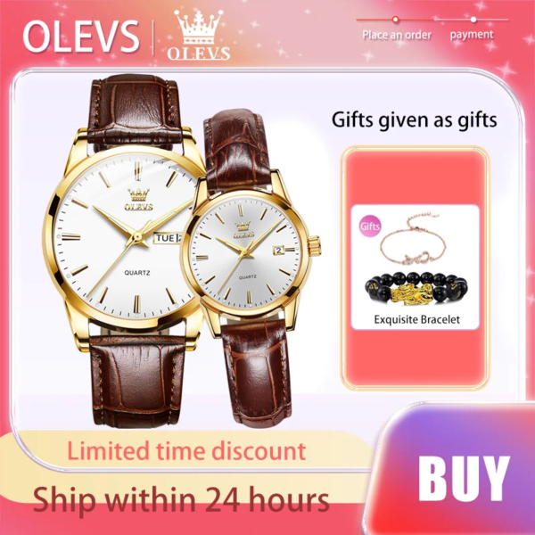 OLEVS Brand Couple Watch Leather Strap Date Luxury Quartz Watch Waterproof Romantic Lover Wristwatch Fashion Original Luminous