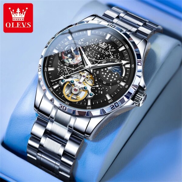 OLEVS Brand Original Men's Watches Luminous Fully Automatic Mechanical Watch Waterproof  Moon Phase Starry Multifunctional