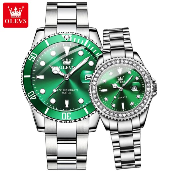 OLEVS Couple Quartz Watch Original Luxury Steel strip Waterproof Diving Watch Business Diamonds Green Couple Set Quartz Watch