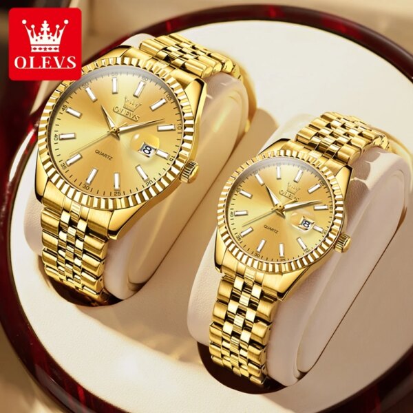 OLEVS Couple Watch Gold Stainless Steel Strap Quartz Watch His and Her Calendar Romantic Lover Original Luxury Male and Female