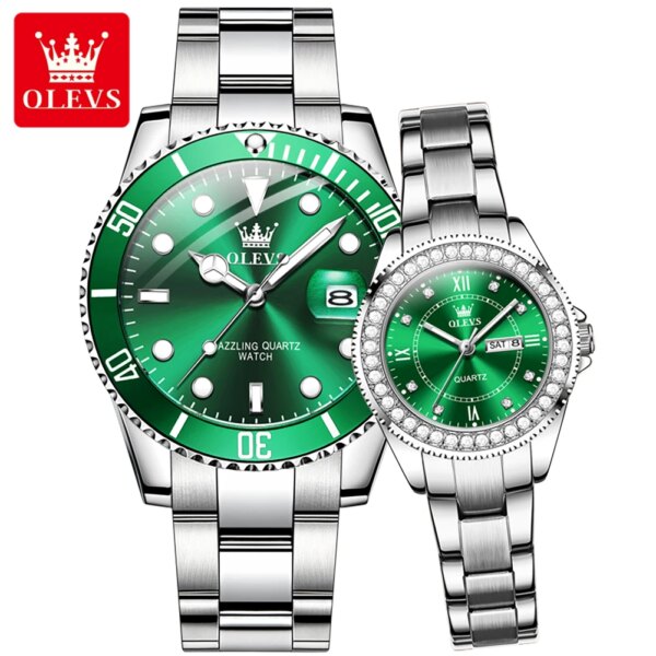 OLEVS Couple Watch Luxury Top Original Quartz Watches Stainless Steel Lover's Wristwatch for Men Women Green Water Ghost Series