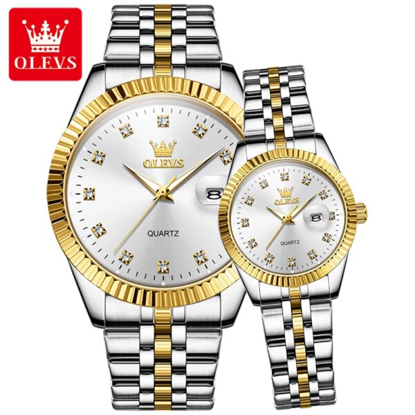 OLEVS Couple Watch Set Luxury  Diamond Gold Watch Waterproof Luminous Quartz Wristwatch Stainless Steel Lover's Watch Gifts 5526