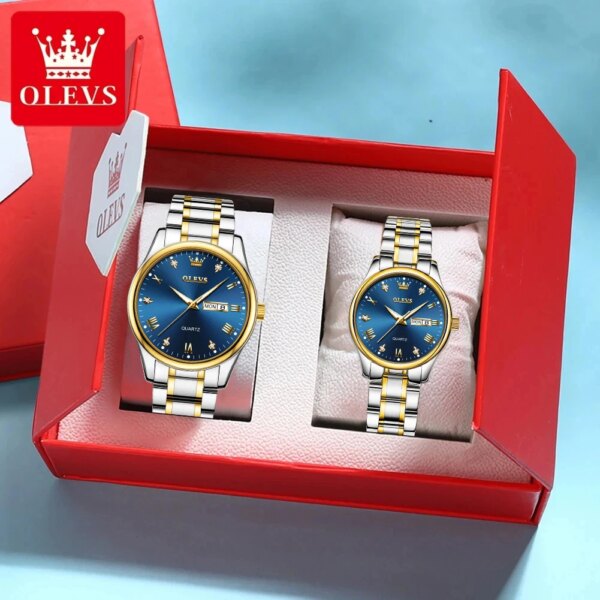 OLEVS Couple Watch for Women Men Quartz Watch Double Calendar Clock Waterproof Ladies Wrist Watches for Lover's Gift His or Hers