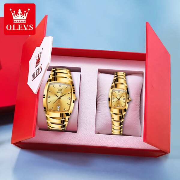 OLEVS Couple Watches Luxury Gold Original Wristwatch Waterproof Tungsten Steel Date His and Her Watch Set Anniversary Gift