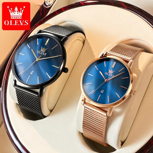 OLEVS Couple Watches Quartz Wrist Watches Ultra-thin Dial Waterproof Stainless Steel Mesh Belt Fashion Watch for Men Reloj Mujer