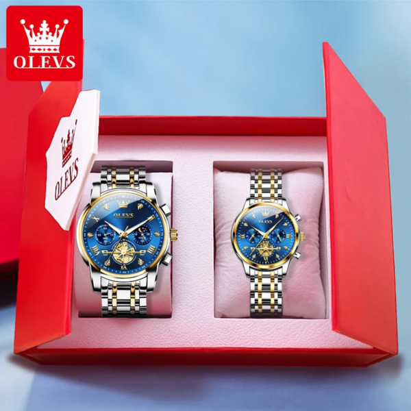 OLEVS Couple Watches Trend Fashion Original Wristwatch Exquisite Lovers Box His and Her Watch Waterproof Luminous Moon Phase