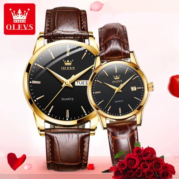 OLEVS Lover Watches Top Brand Luxury Couple Quartz Watch Waterproof Leather Watch Strap Watch for Women and Men Couple Gift