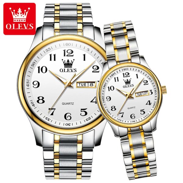 OLEVS Luxury Brand Couple Watches Fashion Casual Gold Quartz Watch for Men and Women Digital Dial Lover's Wristwatches Set Gifts