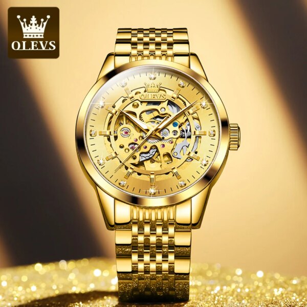 OLEVS Luxury Brand Gold Skeleton Automatic Mechanical Watch Fashion Business Stainless Steel Waterproof Luminescent Men's Watch