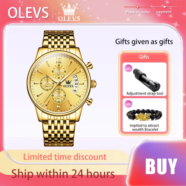 OLEVS Luxury Brand Men Watch Gold Stainless Steel Strap Chronograph Quartz Watch Waterproof Luminous Original Top Male Watches