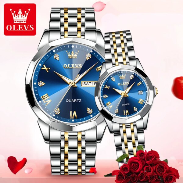 OLEVS Luxury Couple Watches Top Brand Lover Wristwatch Fashion Trend Original Quartz Watch Waterproof Luminous His and Her Gift