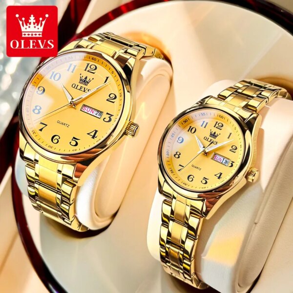 OLEVS Luxury Gold Couple Watch Fashion Stainless Steel Waterproof Lovers Quartz Watch For Women Men Week Calendar Wristwatch