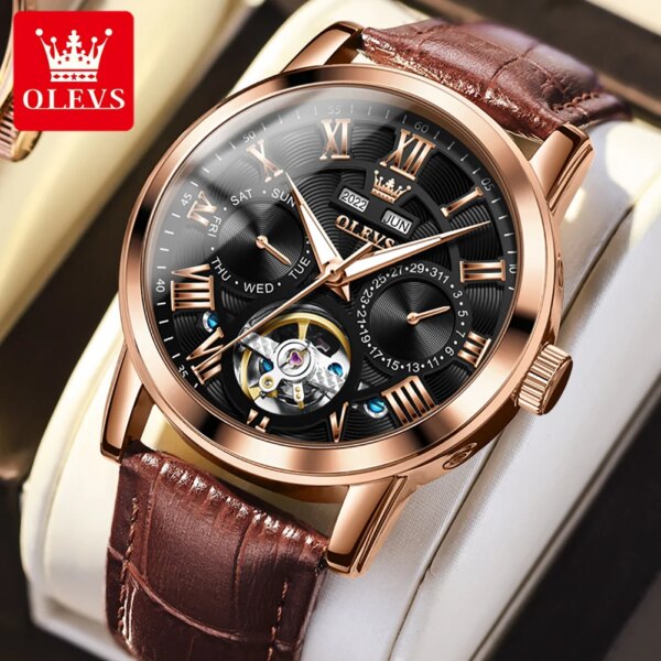 OLEVS Luxury Watch for Men Automatic Mechanical Watches Leather Band Waterproof Moon Phase Men's Wristwatches Relógio Masculino