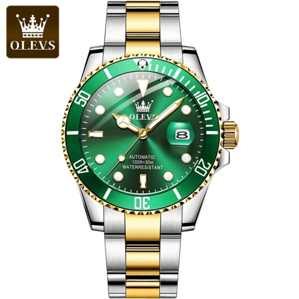 OLEVS Men Watch Automatic Mechanical Green Water Ghost Wristwatch Waterproof Luxury Stainless Steel Strap Watches Reloj Hombre