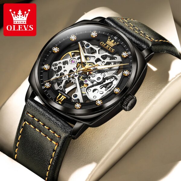 OLEVS Men's Automatic Mechanical Watch Leather Strap Skeleton Dial Waterproof Luminous Fashion Business Wristwatch Reloj Hombre