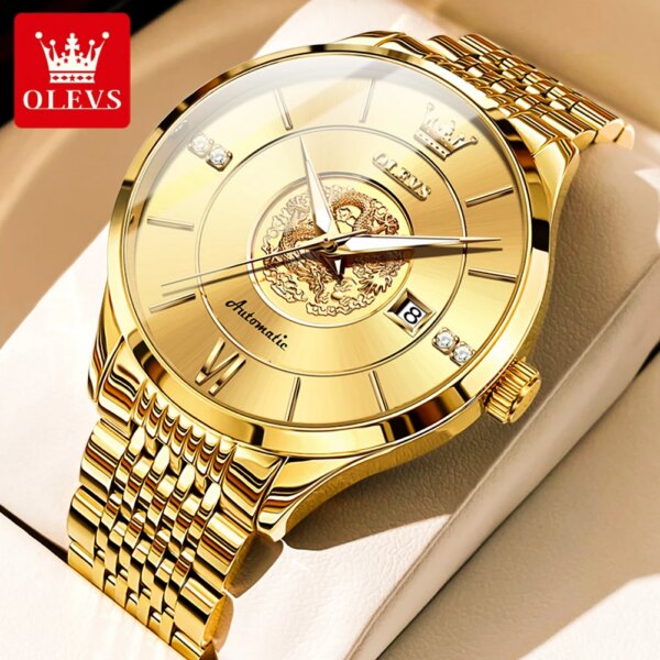 OLEVS Men's Chinese Dragon Dial Automatic Mechanical Wristwatch, Stainless Steel, Waterproof, Luminous Date, Business, Luxury