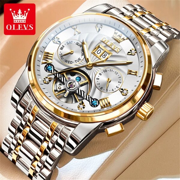 OLEVS Men's Watch Luxury Brand Tourbillon Automatic Mechanical Watch Top grade Original Waterproof Stainless Steel Men's Watch