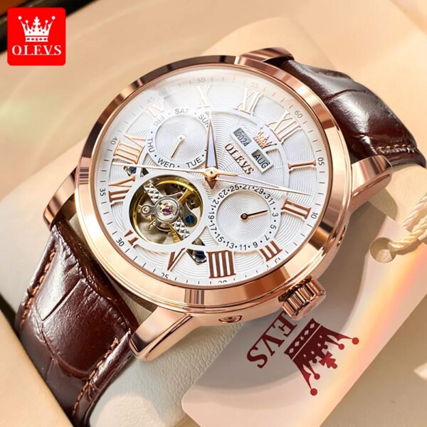 OLEVS Men's Watches Classic Fashion Automatic Mechanical Original Watch for Man Waterproof Leather Strap Luminous Calendar