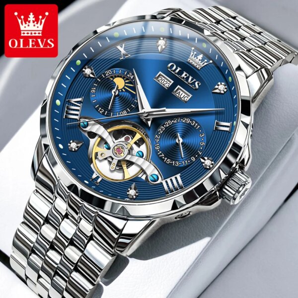 OLEVS Men's Watches Luxury Business Original Automatic Flywheel Mechanical Watch for Man Perpetual Calendar Moon Phase Luminous