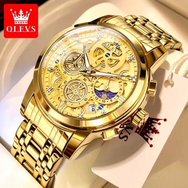 OLEVS Men's Watches Top Brand Luxury Original Waterproof Quartz Watch for Man Gold Skeleton Style 24 Hour Male Day Night Watch