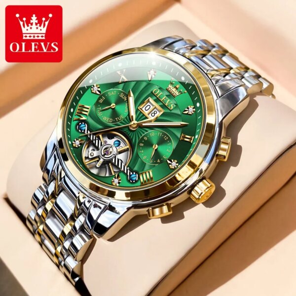 OLEVS Mens Watch Automatic Mechanical Tourbillon Slef-Wind Luxury Stainless Steel Strap Waterproof Luminous Date Wrist Watch