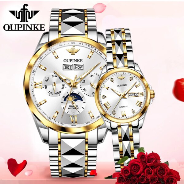 OLEVS Moon Phase Couple Watches for Men Women Original Mechanical Watch Set Tungsten Steel Waterproof Chronograph Lover's Watch