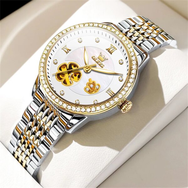 OLEVS New Elegant Women Automatic Mechanical Watch Diamond Skeleton Design Women's Wristwatch Luminous Waterproof Ladies Watch