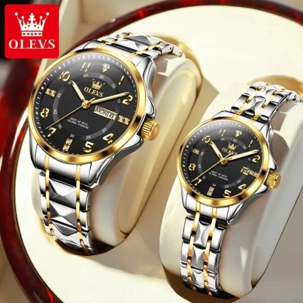 OLEVS Origianl Couple Watches Waterproof Luminous Date Stainless Steel Fashion Lovers Watch for Men and Women Relogio Masculino