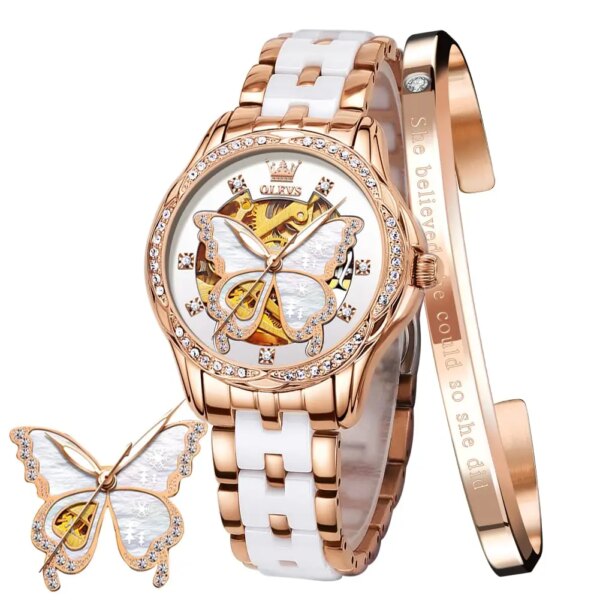 OLEVS Original Watch for Women Automatic Luxury Mechanical Waterproof Diamond Skeleton Rose Gold Ceramic Watches Ladies Gift Set