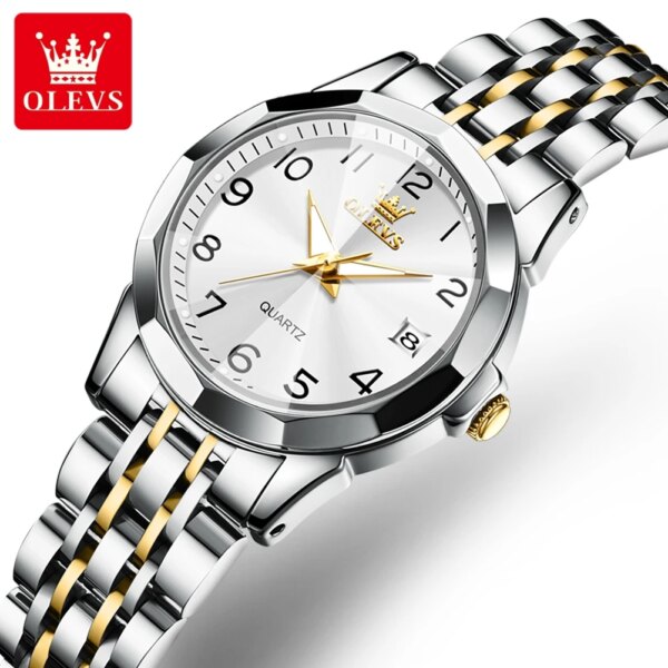 OLEVS Quartz Watch for Women Rhombus Mirror Solid Stainless steel Date Digital Dial Waterproof Elegant Bracelet Watch Set Gift